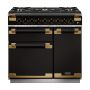 Rangemaster ELS90DFFGB/BE, Elise Luxe Dual Fuel 90cm Range Cooker,Gloss Black with Brass Trim