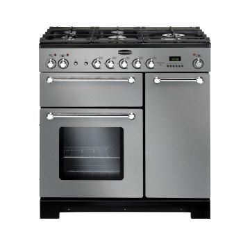 Rangemaster KCH90DFFSS/C, Kitchener Dual Fuel 90cm Range Cooker,Stainless Steel with Chrome Trim