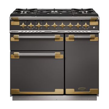 Rangemaster ELS90DFFSL/AB, Elise Dual Fuel 90cm Range Cooker,Slate with Brass Trim