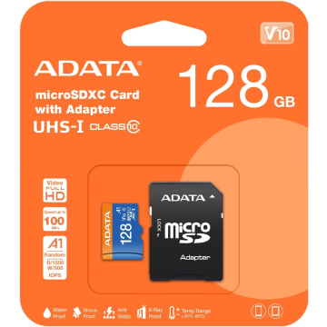 ADATA AUSDX128GUICL10A1RA1, 128GB, Memory Card w/ SD Adapter