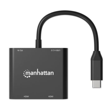 Manhattan 154321, USB-C PD to Dual-HDMI Monitor Adapter for Laptop and Tablet