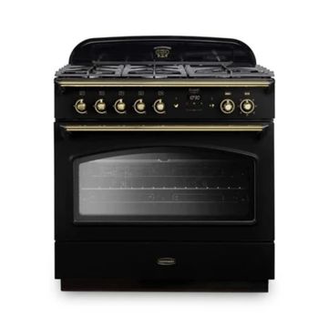 Rangemaster CLAS90FXDFFBL/B, Classic  Dual Fuel 90cm Range Cooker,Black with Brass Trim