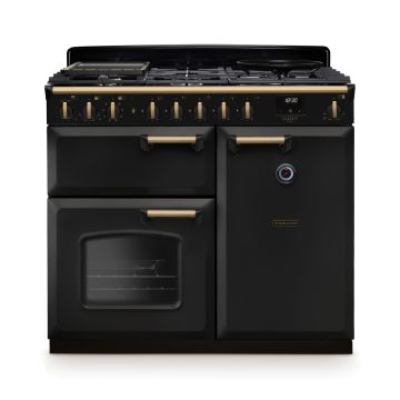 Rangemaster CLDL100DFPCBL/AB1, Classic Deluxe Dual Fuel 100cm Range Cooker,Charcoal Black with BrassTrim