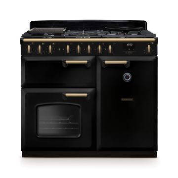 Rangemaster CLDL100DFPGBL/AB1, Classic Deluxe Dual Fuel 100cm Range Cooker,Gloss Black with Brass Trim