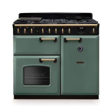 Rangemaster CLDL100DFPMGR/AB1, Classic Deluxe Dual Fuel 100cm Range Cooker,Mineral Green with Brass Trim