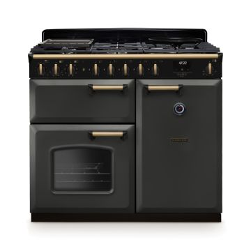 Rangemaster CLDL100DFPSLT/AB1, Classic Deluxe Dual Fuel 100cm Range Cooker,Slate with Brass Trim