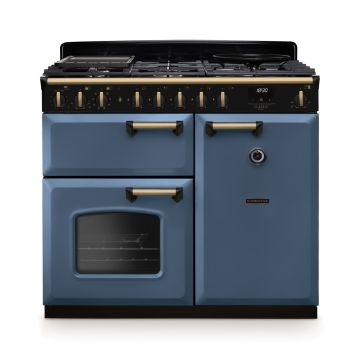Rangemaster CLDL100DFPSTB/AB1, Classic Deluxe Dual Fuel 100cm Range Cooker,Stone Blue with Brass Trim