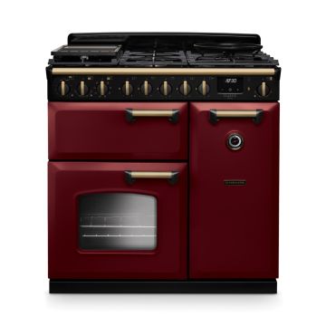 Rangemaster CLDL90DFPBOR/AB1, Classic Deluxe Dual Fuel 90cm Range Cooker,Bordeaux with Brass Trim