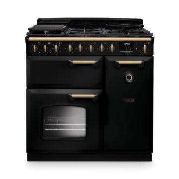 Rangemaster CLDL90DFPCBL/AB1, Classic Deluxe Dual Fuel 90cm Range Cooker,Charcoal Black with BrassTrim