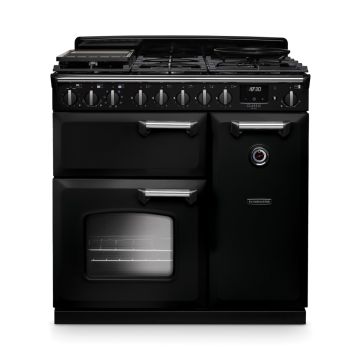 Rangemaster CLDL90DFPGBL/CM1, Classic Deluxe Dual Fuel 90cm Range Cooker,Gloss Black with Chrome Trim