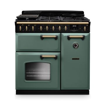 Rangemaster CLDL90DFPMGR/AB1, Classic Deluxe Dual Fuel 90cm Range Cooker,Mineral Green with Brass Trim