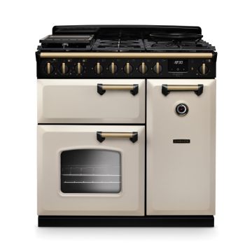 Rangemaster CLDL90DFPPCR/AB1, Classic Deluxe Dual Fuel 90cm Range Cooker,Pale Cream with Brass Trim