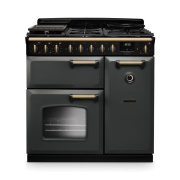 Rangemaster CLDL90DFPSLT/AB1, Classic Deluxe Dual Fuel 90cm Range Cooker,Slate with Brass Trim
