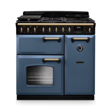 Rangemaster CLDL90DFPSTB/AB1, Classic Deluxe Dual Fuel 90cm Range Cooker,Stone Blue with Brass Trim