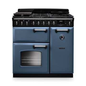 Rangemaster CLDL90DFPSTB/CM1, Classic Deluxe Dual Fuel 90cm Range Cooker,Stone Blue with Chrome Trim