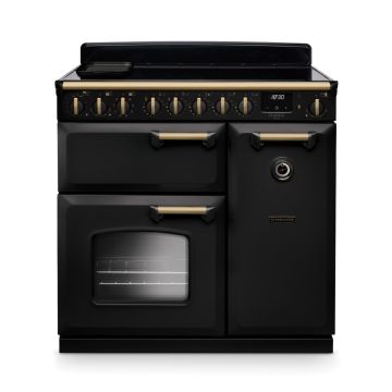 Rangemaster CLDL90EIPGBL/AB1, Classic Deluxe Induction 90cm Range Cooker,Gloss Black with Brass Trim