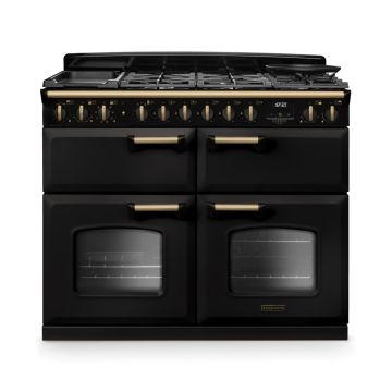 Rangemaster CLDLB110DFPCBL/AB1, Classic Deluxe Dual Fuel 110cm Range Cooker,Charcoal Black with BrassTrim