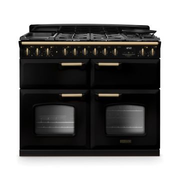 Rangemaster CLDLB110DFPGBL/AB1, Classic Deluxe Dual Fuel 110cm Range Cooker,Gloss Black with Brass Trim