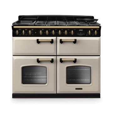 Rangemaster CLDLB110DFPPCR/AB1, Classic Deluxe Dual Fuel 110cm Range Cooker,Pale Cream with Brass Trim
