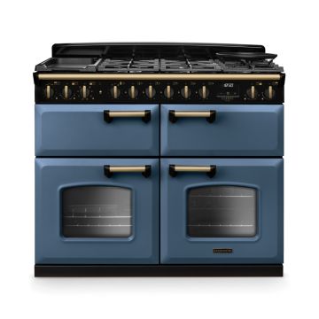Rangemaster CLDLB110DFPSTB/AB1, Classic Deluxe Dual Fuel 110cm Range Cooker,Stone Blue with Brass Trim