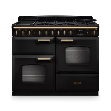 Rangemaster CLDLO110DFPCBL/AB1, Classic Deluxe Dual Fuel 110cm Range Cooker,Charcoal Black with BrassTrim