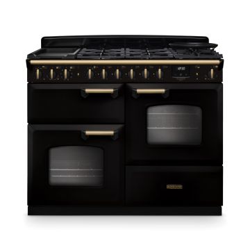 Rangemaster CLDLO110DFPGBL/AB1, Classic Deluxe Dual Fuel 110cm Range Cooker,Gloss Black with Brass Trim