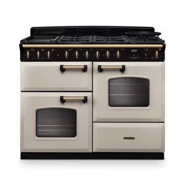 Rangemaster CLDLO110DFPPCR/AB1, Classic Deluxe Dual Fuel 110cm Range Cooker,Pale Cream with Brass Trim