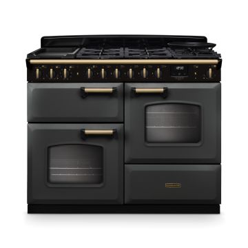 Rangemaster CLDLO110DFPSLT/AB1, Classic Deluxe Dual Fuel 110cm Range Cooker,Slate with Brass Trim