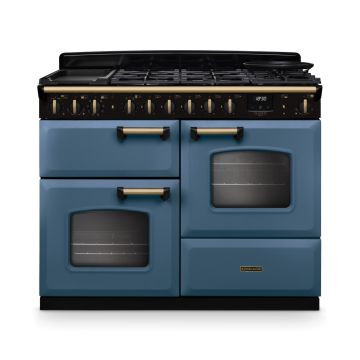 Rangemaster CLDLO110DFPSTB/AB1, Classic Deluxe Dual Fuel 110cm Range Cooker,Stone Blue with Brass Trim