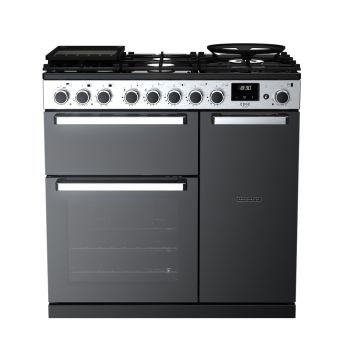 Rangemaster EDDL90DFGBLK/CM1, Edge Deluxe Dual Fuel 90cm Range Cooker,Gloss Black with Chrome Trim