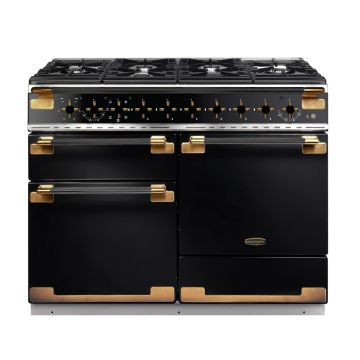 Rangemaster ELS110DFFGB/BE, Elise Dual Fuel 110cm Range Cooker,Gloss Black with Brass Trim
