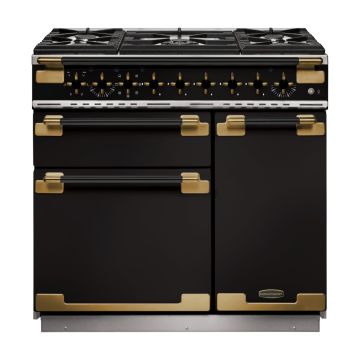 Rangemaster ELS90DFFGB/BE, Elise Luxe Dual Fuel 90cm Range Cooker,Gloss Black with Brass Trim