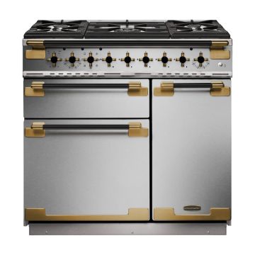 Rangemaster ELS90DFFSS/BE, Elise Dual Fuel 90cm Range Cooker,Stainless Steel with Brass Trim