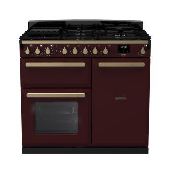 Rangemaster ESDL100DFPBOR/AB1, Estel Deluxe Dual Fuel 100cm Range Cooker,Bordeaux with Brass Trim