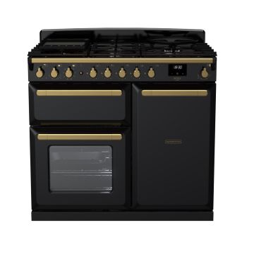 Rangemaster ESDL100DFPGBL/AB1, Estel Deluxe Dual Fuel 100cm Range Cooker,Gloss Black with Brass Trim