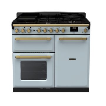 Rangemaster ESDL100DFPMSB/AB1, Estel Deluxe Dual Fuel 100cm Range Cooker,Misty Blue with Brass Trim