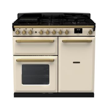 Rangemaster ESDL100DFPPCR/AB1, Estel Deluxe Dual Fuel 100cm Range Cooker,Pale Cream with Brass Trim