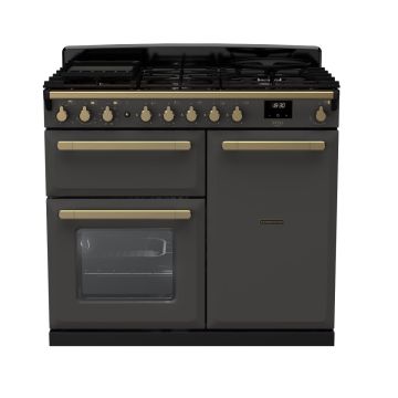 Rangemaster ESDL100DFPSLT/AB1, Estel Deluxe Dual Fuel 100cm Range Cooker,Slate with Brass Trim