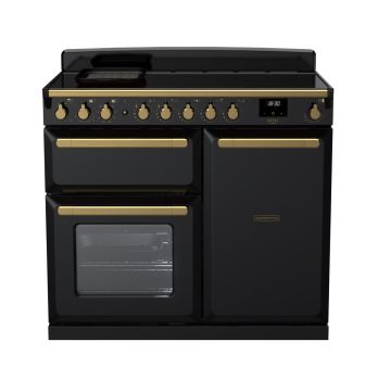 Rangemaster ESDL100EIPGBL/AB1, Estel Deluxe Induction 100cm Range Cooker,Gloss Black with Brass Trim
