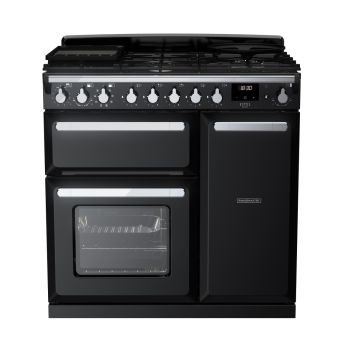 Rangemaster ESDL90DFPGBL/CM1, Estel Deluxe Dual Fuel 90cm Range Cooker,Gloss Black with Chrome Trim