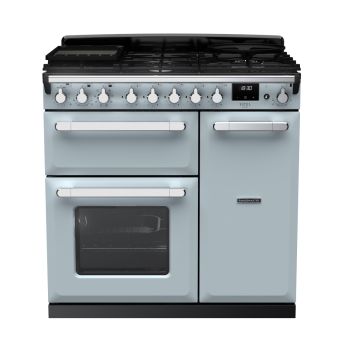 Rangemaster ESDL90DFPMSB/CM1, Estel Deluxe Dual Fuel 90cm Range Cooker,Misty Blue with Chrome Trim