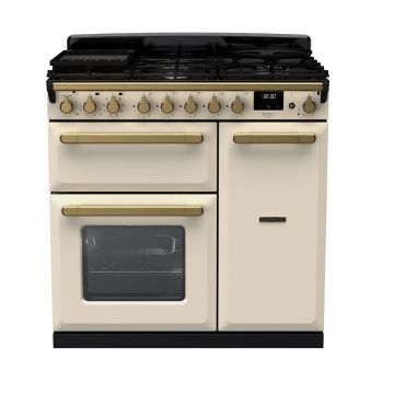 Rangemaster ESDL90DFPPCR/AB1, Estel Deluxe Dual Fuel 90cm Range Cooker,Pale Cream with Brass Trim