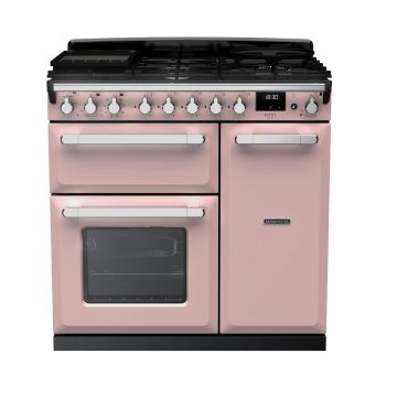 Rangemaster ESDL90DFPPPK/CM1, Estel Deluxe Dual Fuel 90cm Range Cooker,Pale Pink with Chrome Trim