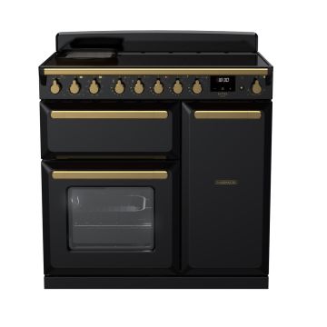 Rangemaster ESDL90EIPGBL/AB1, Estel Deluxe Induction 90cm Range Cooker,Gloss Black with Brass Trim