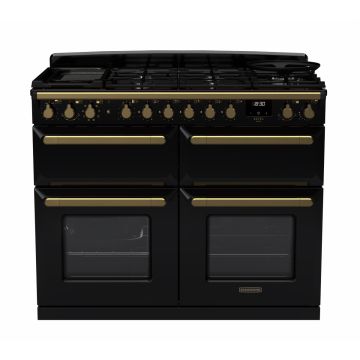 Rangemaster ESDLB110DFPGBL/AB1, Estel Deluxe Dual Fuel 110cm Range Cooker,Gloss Black with Brass Trim