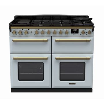 Rangemaster ESDLB110DFPMSB/AB1, Estel Deluxe Dual Fuel 110cm Range Cooker,Misty Blue with Brass Trim
