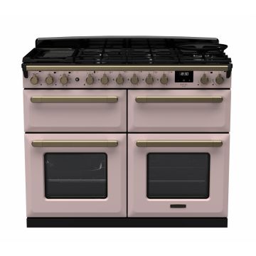 Rangemaster ESDLB110DFPPPK/AB1, Estel Deluxe Dual Fuel 110cm Range Cooker,Pale Pink with Brass Trim