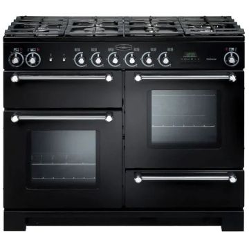 Rangemaster ESDLO110DFPGBL/AB1, Estel Deluxe Dual Fuel 110cm Range Cooker,Gloss Black with Brass Trim