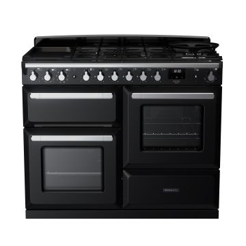 Rangemaster ESDLO110DFPGBL/CM1, Estel Deluxe Dual Fuel 110cm Range Cooker,Gloss Black with Chrome Trim