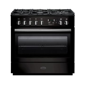Rangemaster PROP90FXDFFGB/C, Professional Plus Dual Fuel 90cm Range Cooker,Gloss Black with Chrome Trim